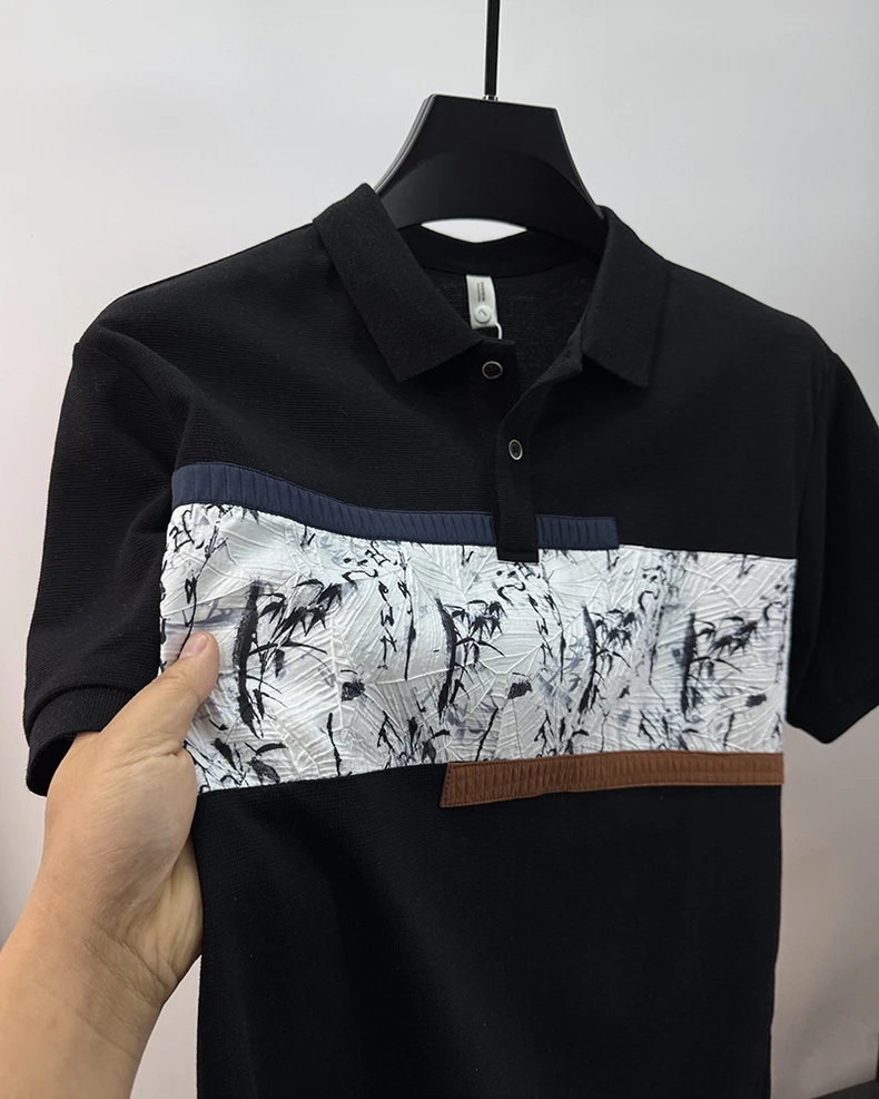 High quality fashion men's short sleeve polo shirt trend personalized patchwork stripes luxury comfortable lightweight T-shirt 13