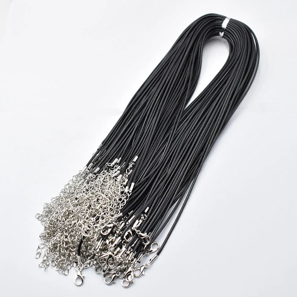 Fashion1.5mm 2mm 45cm 60cm 70cm collar de cordón de cuero de cera mixta negra, cadena de cuerda, cierre de langosta, accesorios de joyería DIY, 100 unids/lote