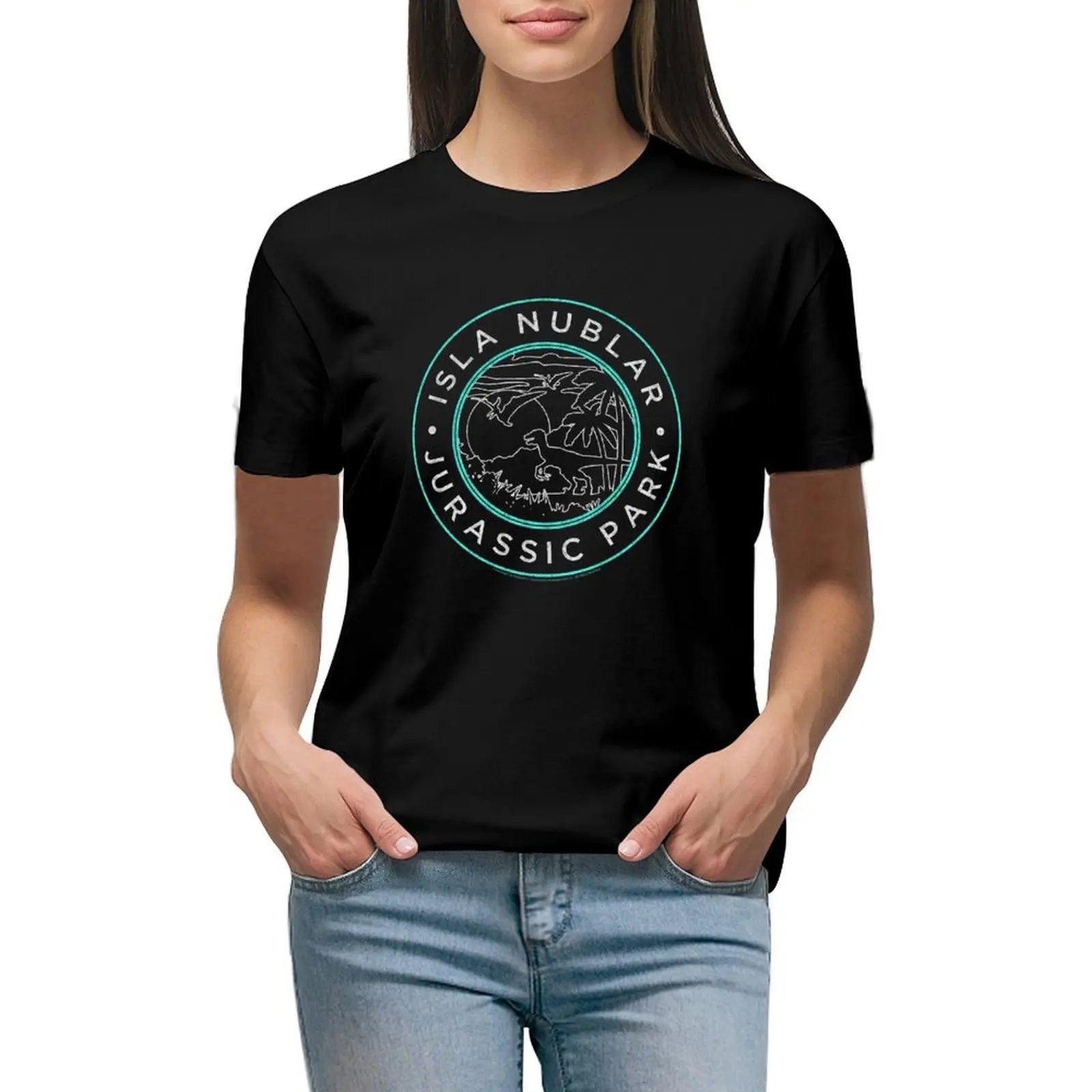 

Jurassic Park Isla Nublar Retro Tropical Dinosaur Park Line Art T-shirt tops plus size tops Short sleeve tee tshirts for Women