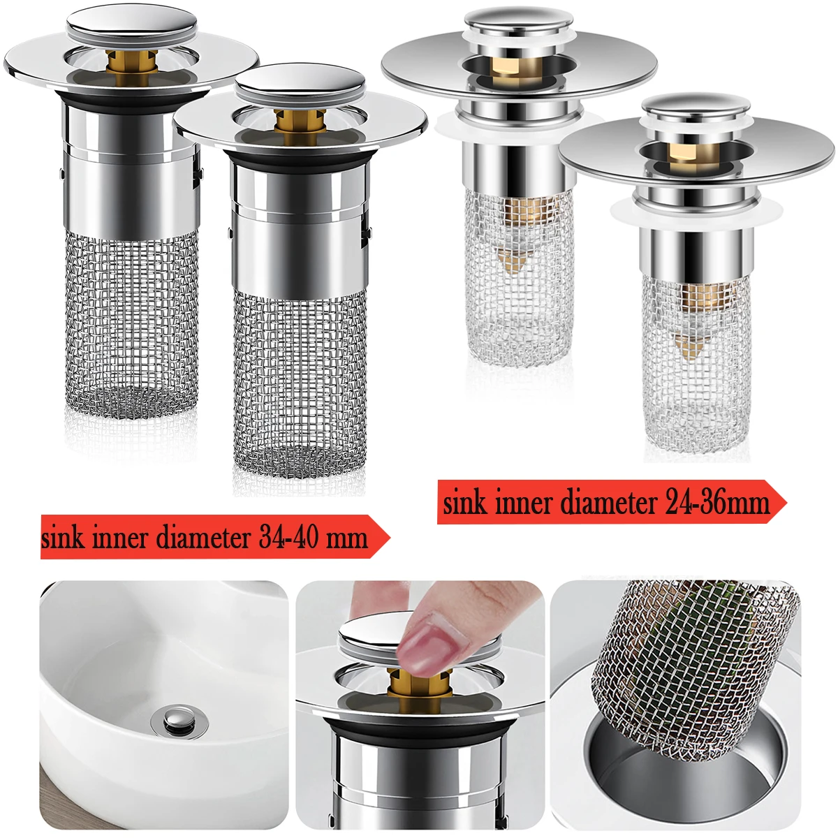 Pop-Up Sink Filter Plug Stopper 304 Stainless Steel Brass Core Wash Basin Hair Catcher Strainer for Bathroom kitchen Sink 2Pcs