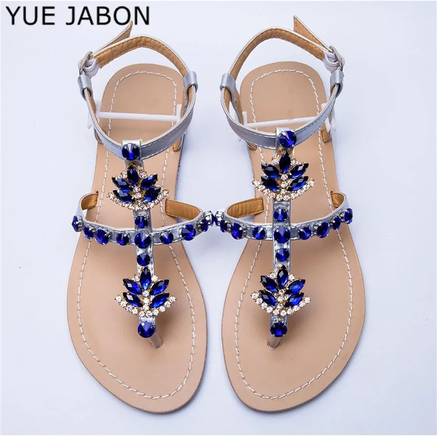 

2023 Trendy Summer Women's Shoes Large Size Beautiful Crystal Shiny Flat with Female Sandals Bohemia Chains Back Strap Footwear