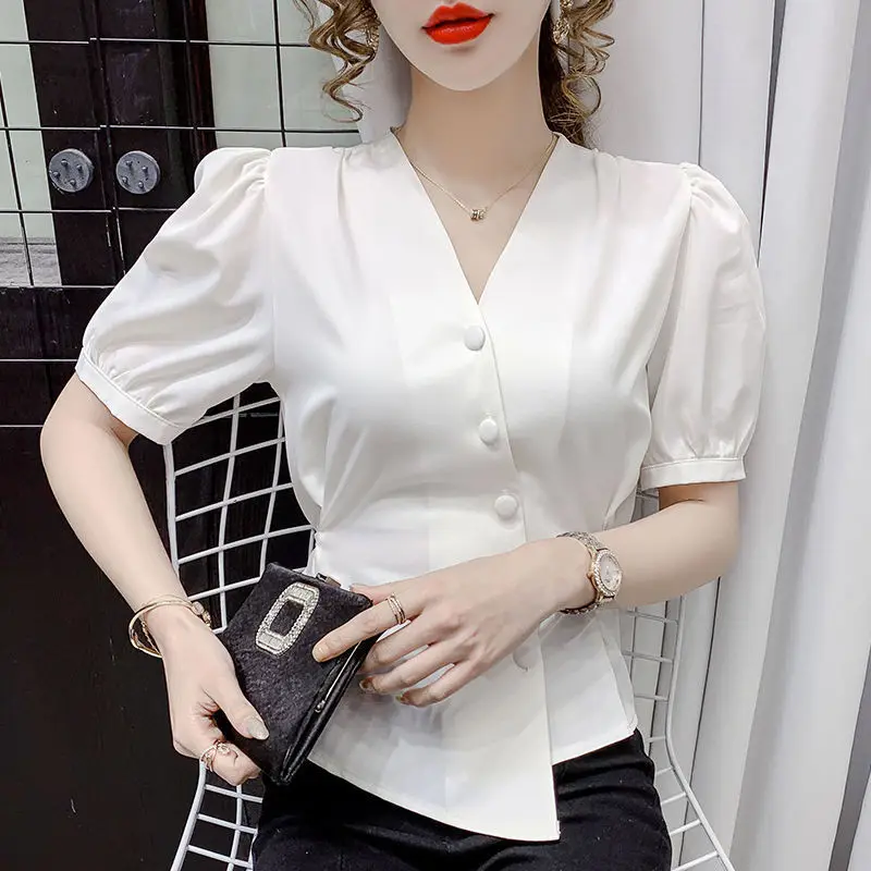 

2024 New Summer Bohemian Retro Loose Casual Office Lady Women's Shirt Irregular Solid Color Chiffon Vneck Short Sleeve Chic Tops