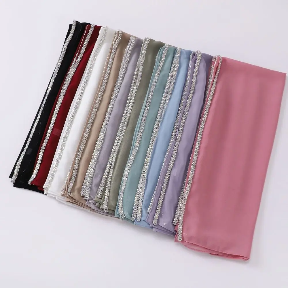 Bling Rhinestone Bubble Chiffon Hijab Shawl Solid Color Veil Beach Sunscreen Headscarf Outdoor Windproof Head Wrap 4