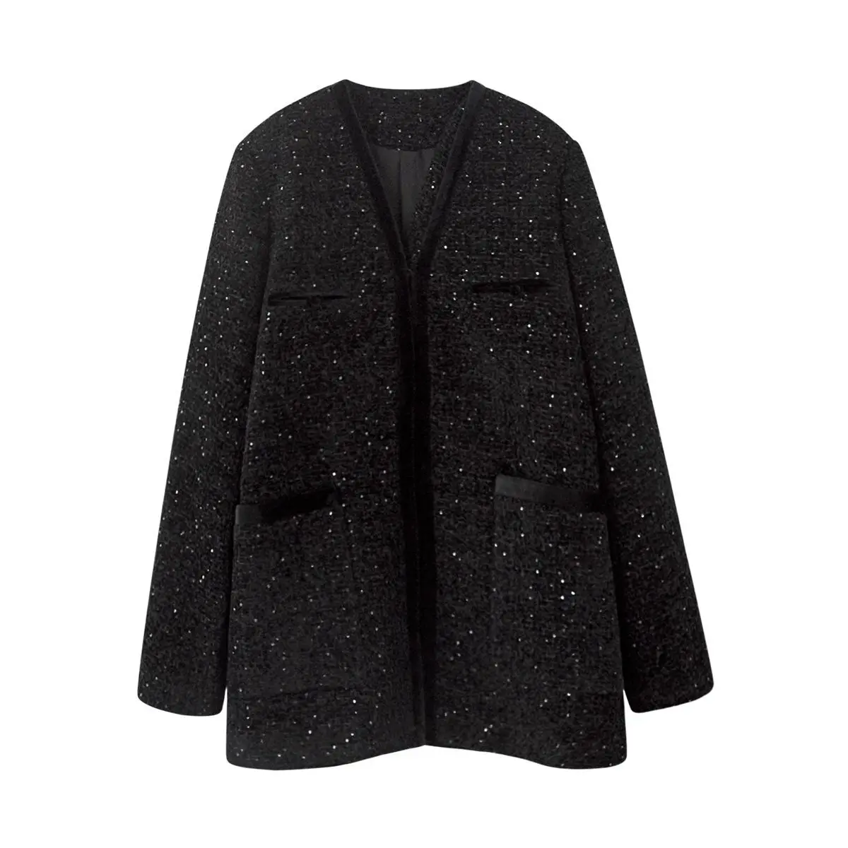 

High Street Temperament Black Sequin Suit Jacket For Women Autumn And Winter New Loose Fashion Jacket Versatile Top Trend S-XXL