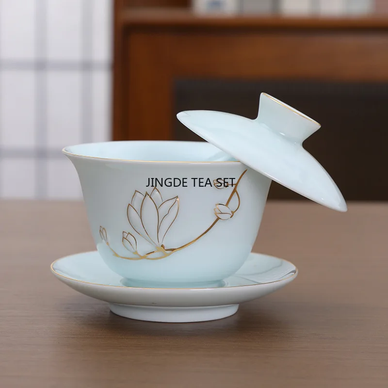 Hoverable Ceramic Single Lid Bowl Chinese Style Shadow Blue Gold Painting Kung Fu Tea Set Tea Making Bowl Porcelain Gaiwan