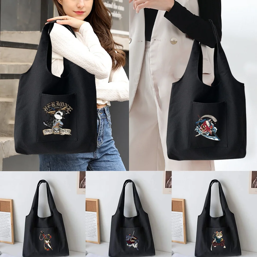 

Trendy Shopping Bags Foldable Ladies Canvas Shoulder Bags Samurai Printed Student Shopper Bags Travel Totes Work Handbag