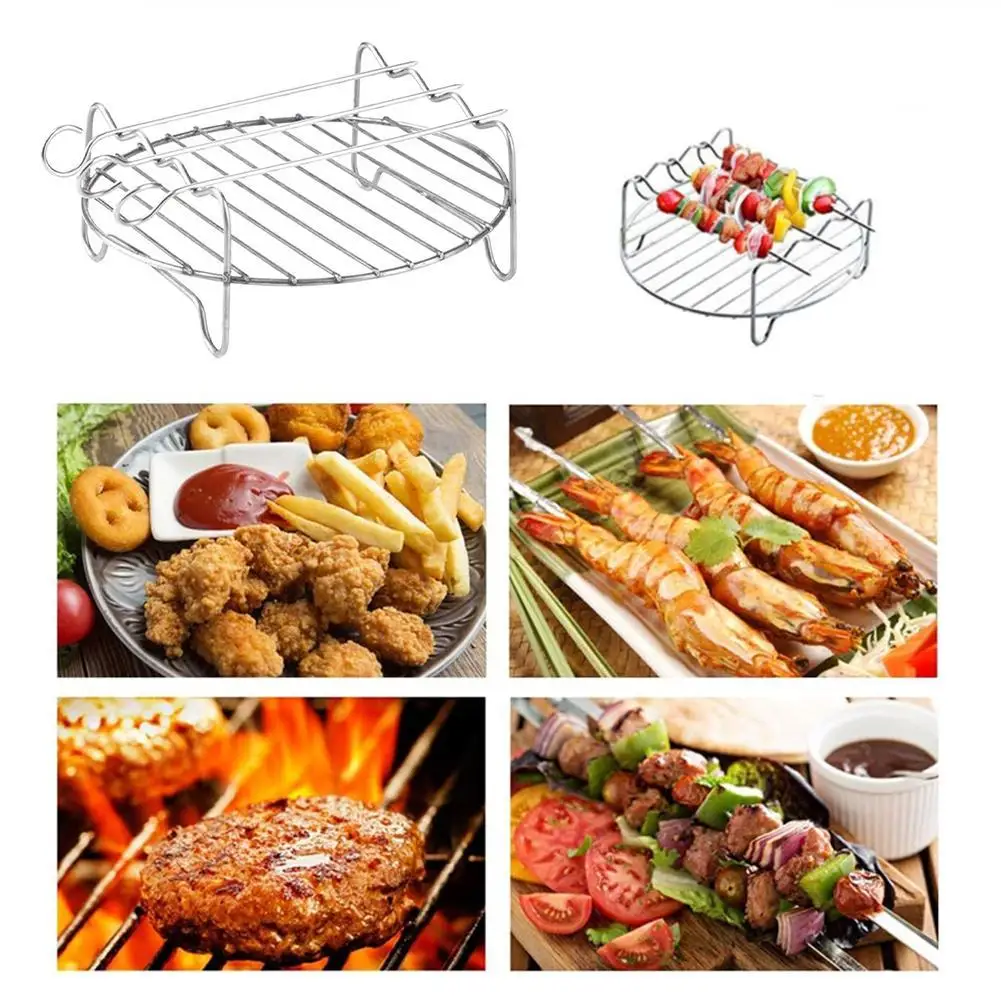 Round Steel Air Fryer Rack Versatile Double Layer Rack With Skewers Airfryer Accessories Baking Tray Air Fryer Holder