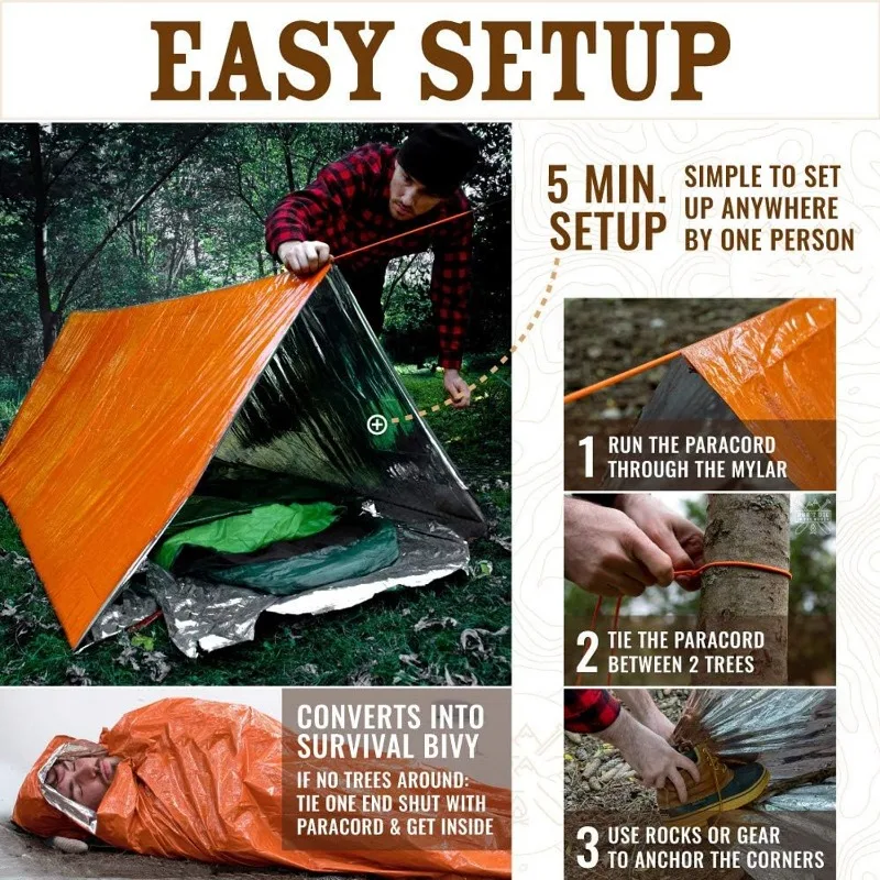 Description Picture 6 of item2 Person Emergency Shelter Bivy Survival Tent Kit Mylar Tube Tent Sleeping Bag Waterproof Outdoor SOS Thermal Blanket Shelter