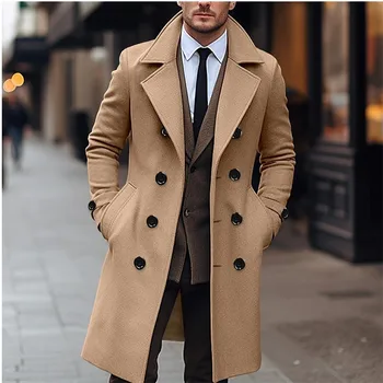 Autumn Winter Men's Woolen Coats Business Casual Fashion Double Breasted Long Woolen Trench Male England Style Wool Blends Coat 3