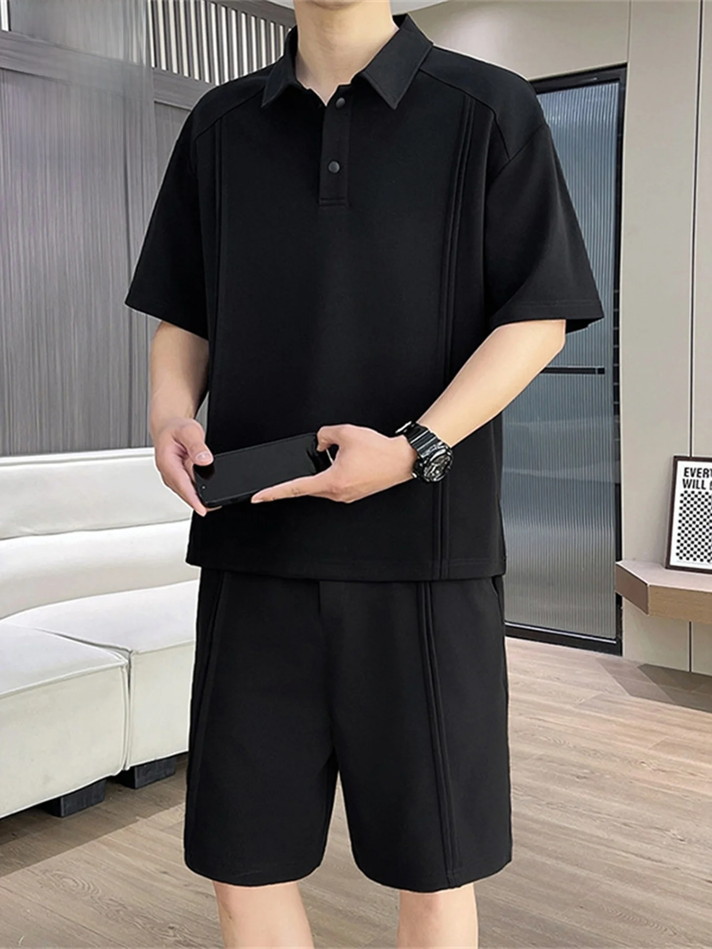 로몬 남성 캐주얼 스포츠웨어 세트 여름 신상품 반팔 폴로셔츠와 멋진 반바지 5부 폴리에스터 섬유