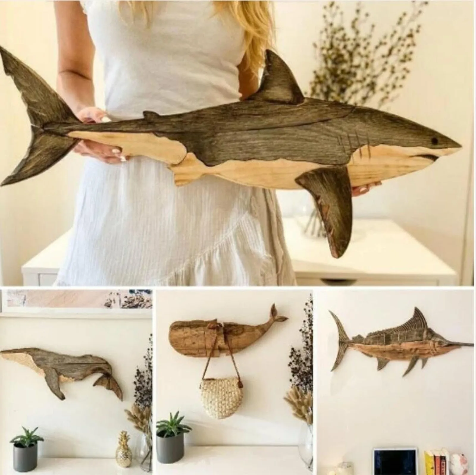 Wooden Sea Fish Decor Statues Whale Figurine Ornament Rustic Decoration Wall Hanging Decorations For Living Room Bedroom 3
