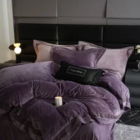 4Pcs Winter Thickened Milk Velvet Luxury Purple Bedding Set Hollow Wide Edge Duvet Cover Set Flat/Fitted Bed Sheet Pillowcases