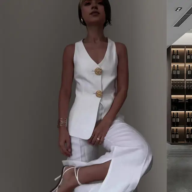 Completo Donna 2 Pezzi Estate - Gilet Senza Maniche E Pantaloni Larghi In Lino Elegante - Foto 9