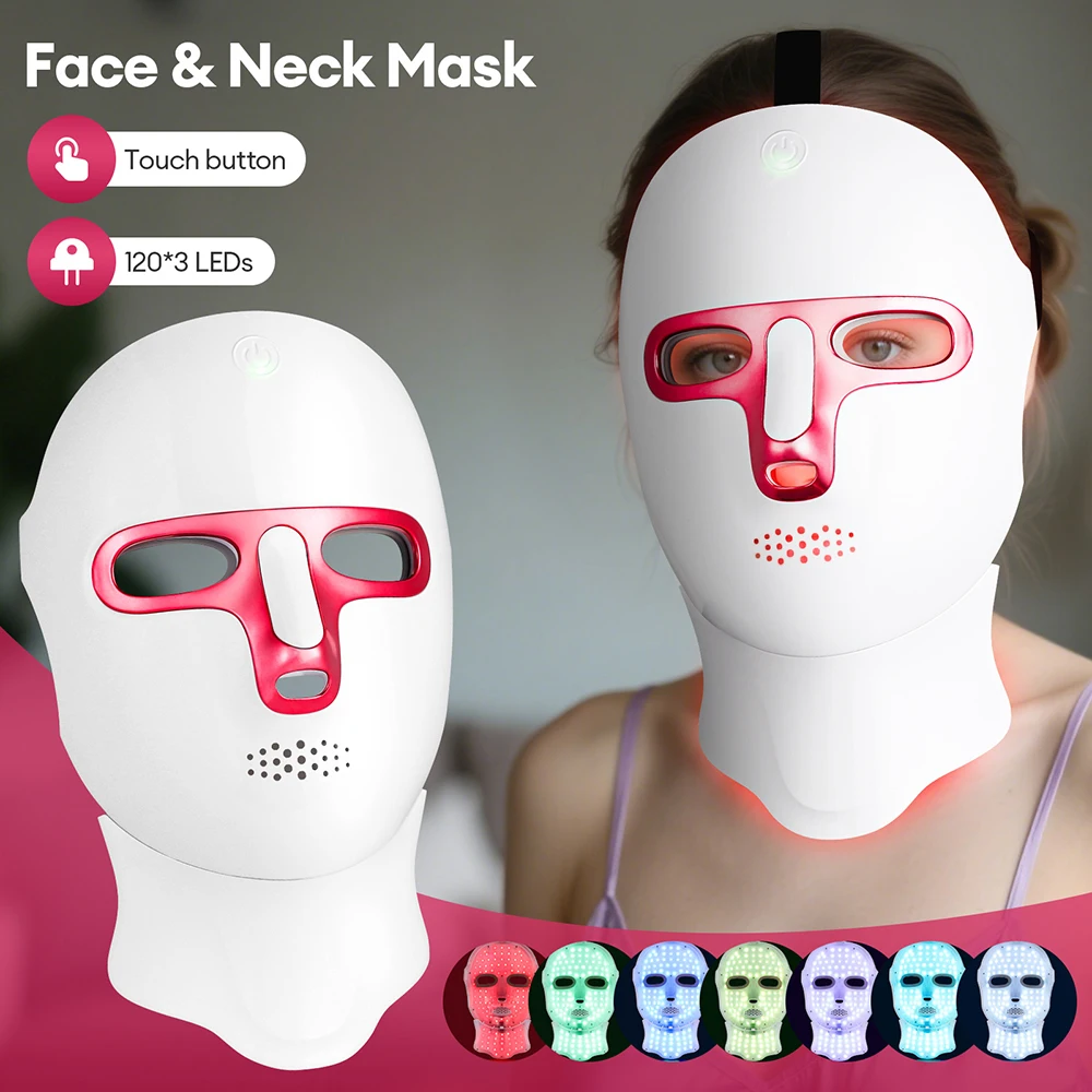 Wireless Face Neck Beauty LED Mask 7 Colors Photon Facial SPA Mask Red Light Skin Care Anti-Ance Repair Skin Brighten Skin Tone