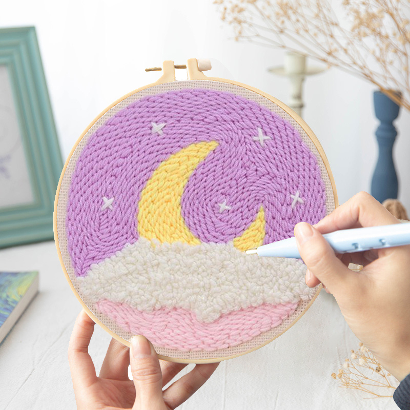 Scenery Moon Punch Needle Embroidery Starter Kits DIY Craft Set Rug Hooking Punch Needle Tool With Threader Fabric Wool Yarn