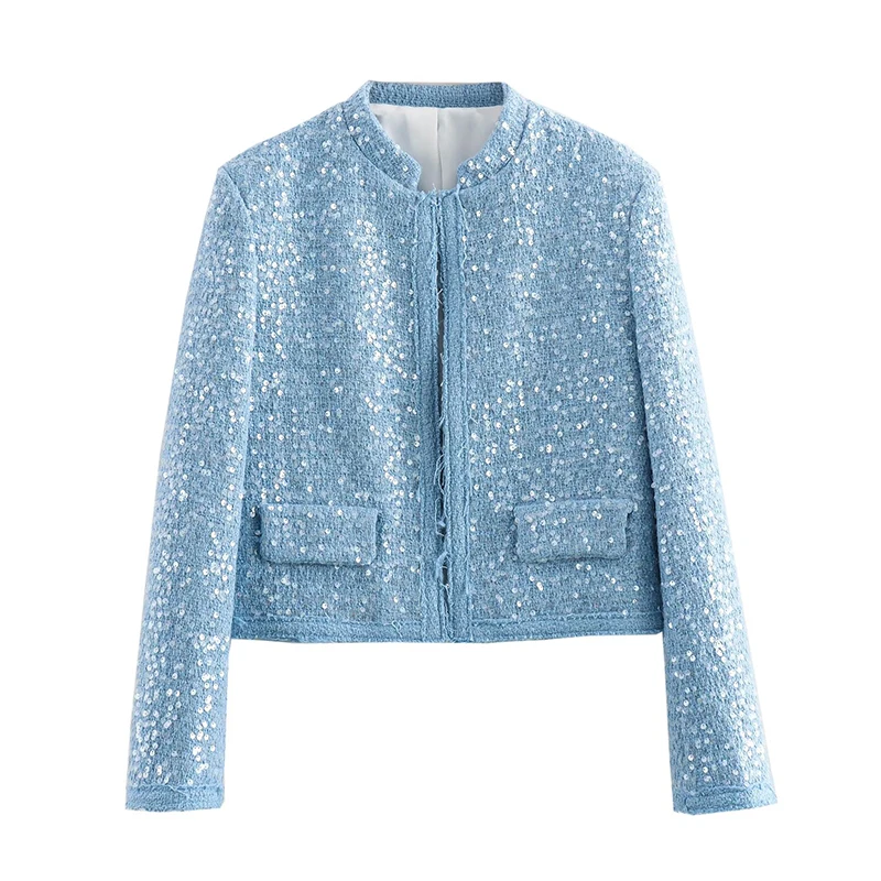Casual Chic Women Jacket Blue Sequins O-Neck Short Coats New Fashion 2025 Autumn Holiday Elegant Jackets Long Sleeve Outerwear