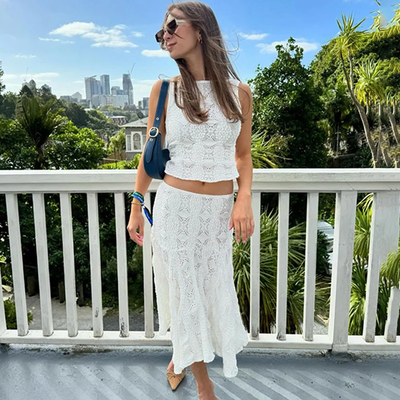 TARUXY Lace Skirt Suit Women Summer White Slim Sleeveless Crop Tops Ladies Holiday Casual Beach Skirt 2 Piece Set Womens Outfits