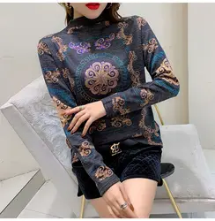 Women's Vintage Printed Long Sleeve Fleece Pullover with Chic Diamond Detail - XXXL (GRAY)