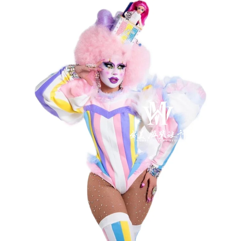 

New Palace Colorful Candy Gogo One Piece High Cross Performance Bodysuit Female Interactive Nightclub Bar Drag Queen Costume Set
