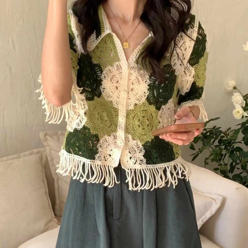 

Women Half Sleeve Crop Top Cardigan Crochet Knit Floral Tassel Trim Button Shirt