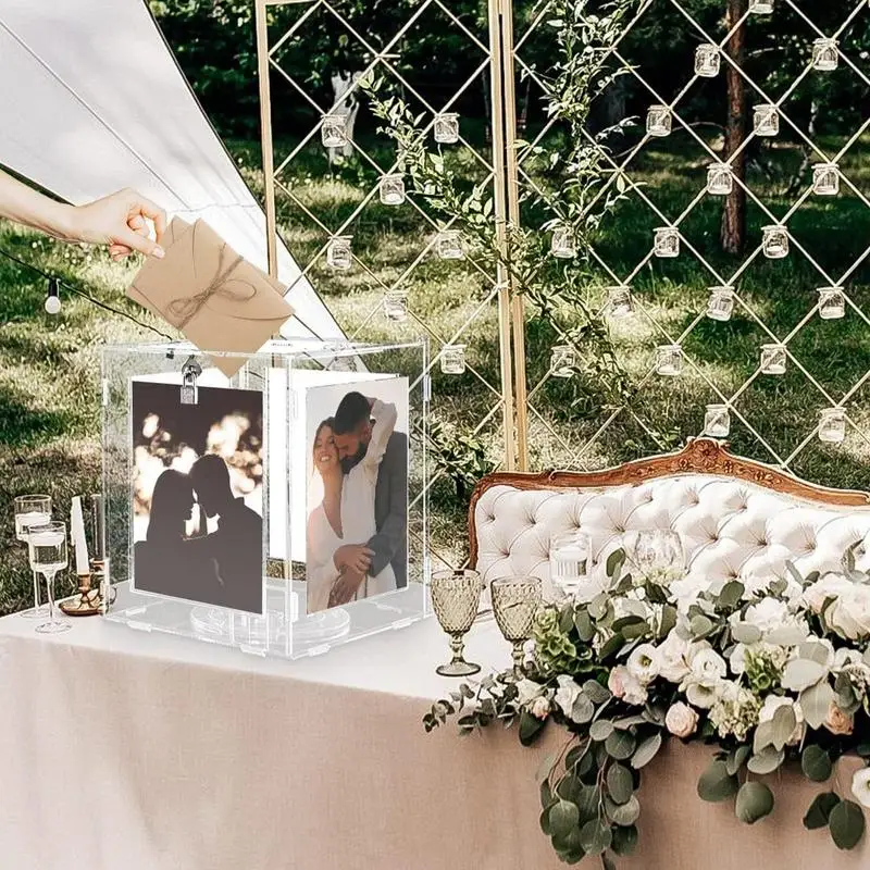 Acrylic Wedding Card Box Rotatable Picture Frame Holder Clear Envelope Letter Money Wishing Well Box For Bridal Toddler Shower