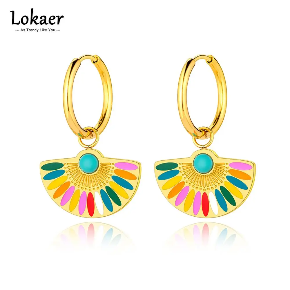 Lokaer Trendy Bohemia Fan Hoop Earrings For Women Girls 18K Gold Plated Stainless Steel Handmade Colorful Glaze Earrings E22200