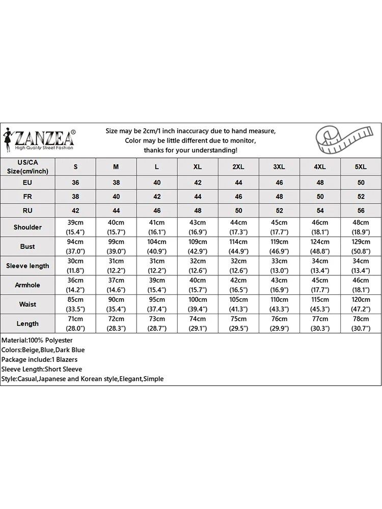 ZANZEA Korean Fashion Formal Suits Notched Collar Short Sleeve Suit Jackets Women Casual Blazer Leisure OL Buttons Suit Coats