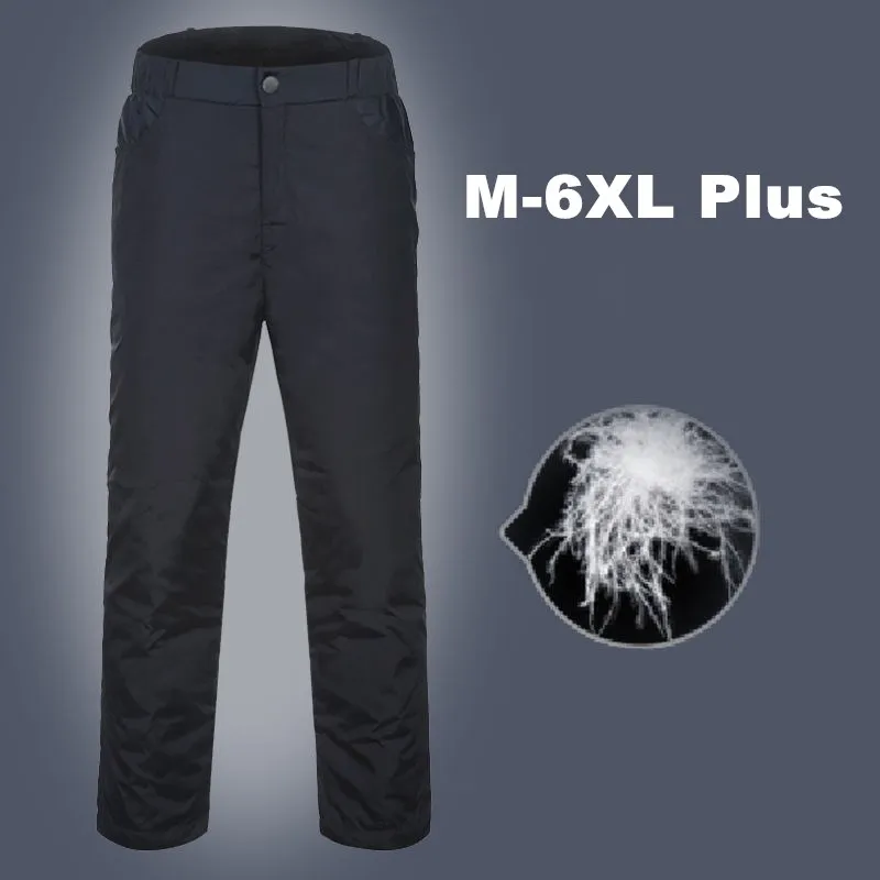 Mens Down Cotton Pants 6XL Plus Size High Waist Casual Loose Down Trousers Winter Thick Warm Waterproof Outdoor Hiking Ski Pants
