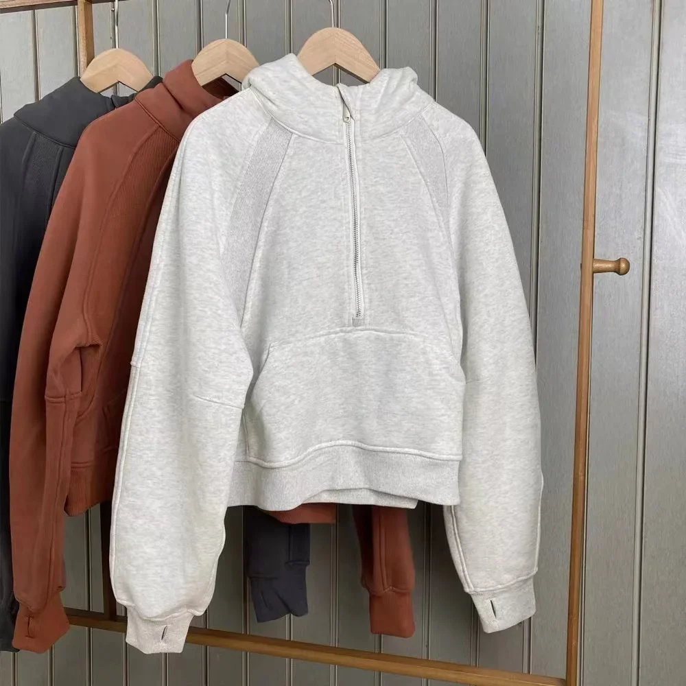 

LuluLogo Winter Scuba Oversized Cropped Hoodies Relaxed Fit Sweatshirt Waist Length Sweater Yoga Wear Women Define Jackets Coat