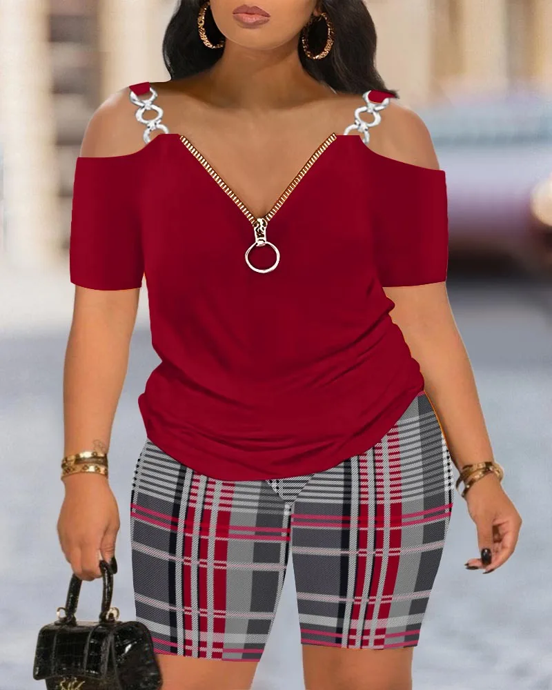 Two Piece Sets Womens V Neck Off Shoulder Chain Zipper Short Sleeve Top & Casual Color Contrast Plaid Pants Sets 2023 Summer New