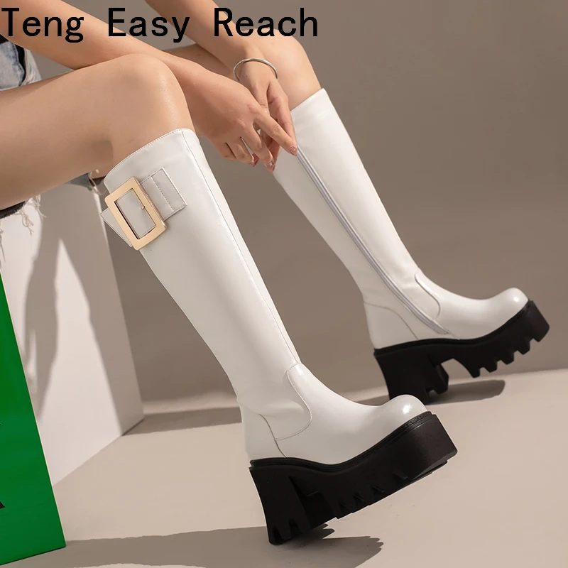 

Long Women Boots 2022 Winter Platform Black High Heels Punk Thick Bottom Side Zipper Over Knee Boots New Leather Knight Boots