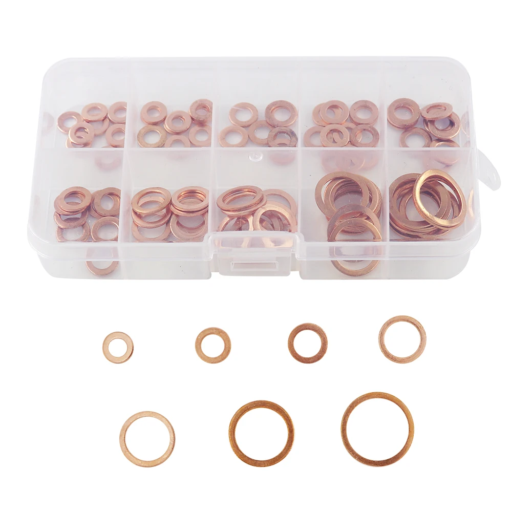 Copper Washer Set 100Pcs Copper Washer Gasket Nut And Bolt Set Flat Ring Seal Assortment Kit With Box M4/M5/M6/M8/M10/M12/M14 for Sump Plugs