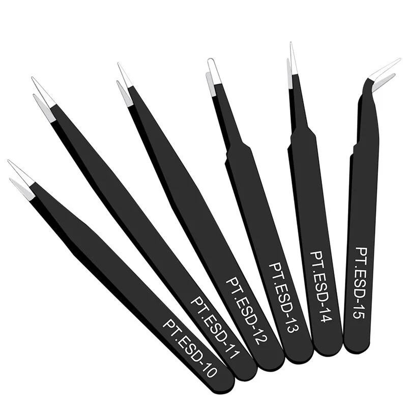 6Pcs Anti-static Stainless Steel Tweezers Repair Tool Precision Curved Straight Tweezers Repair Tool Eyelash Extension Supplies