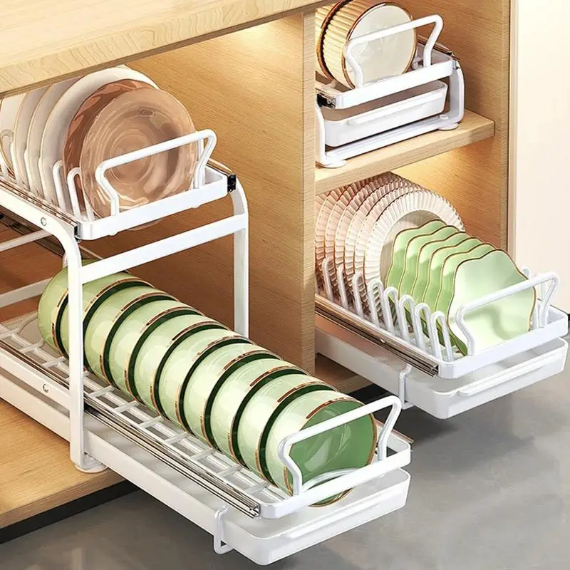 

Kitchen Dish Rack Pull-out Dish Storage Rack With Drainer Bowl Plates Drainer Counter Organizer Stand Household Accessories