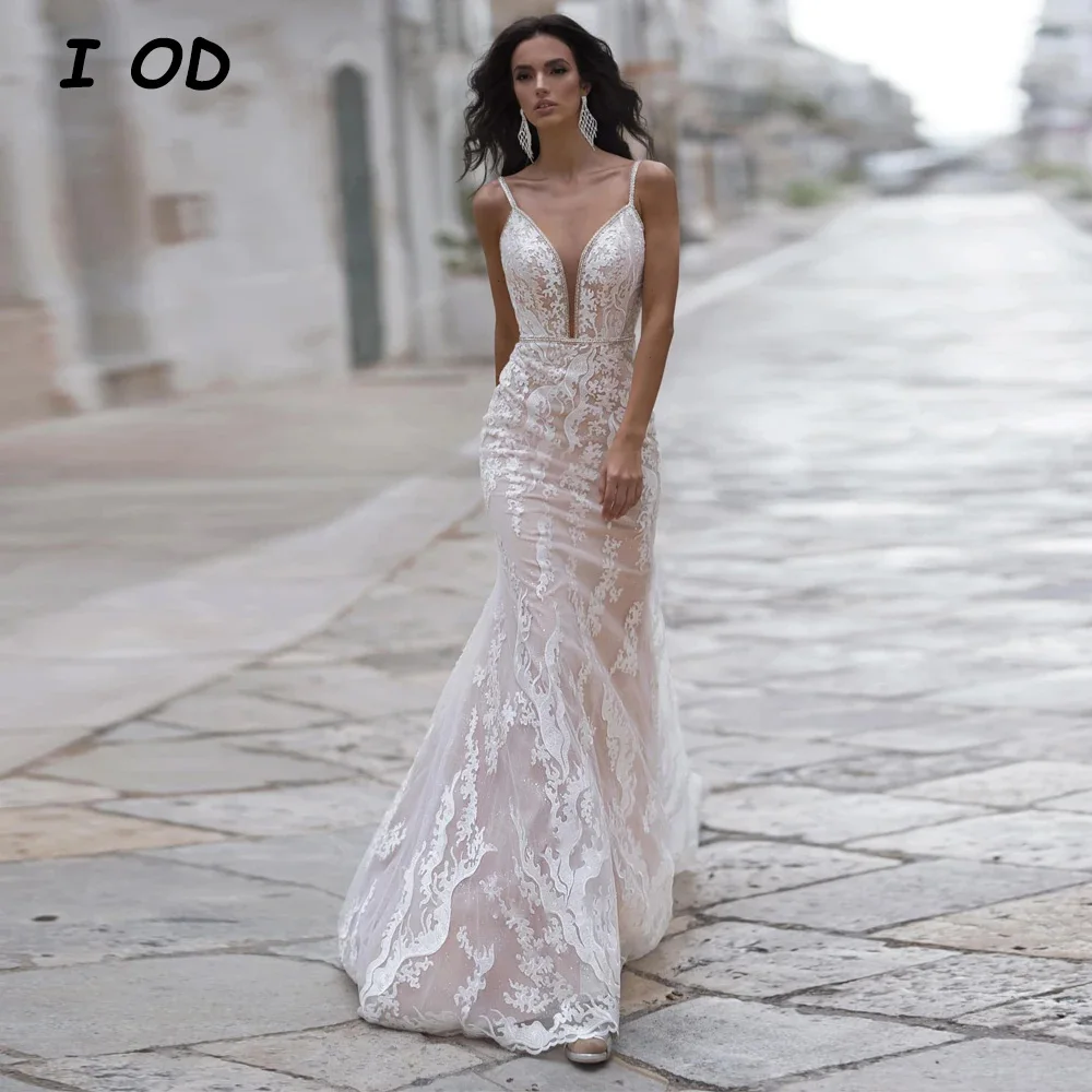 

Женское свадебное платье с юбкой годе I OD, кружевное пляжное платье на бретелях-спагетти с аппликацией и V-образным вырезом, платье невесты на пуговицах с открытой спиной и шлейфом