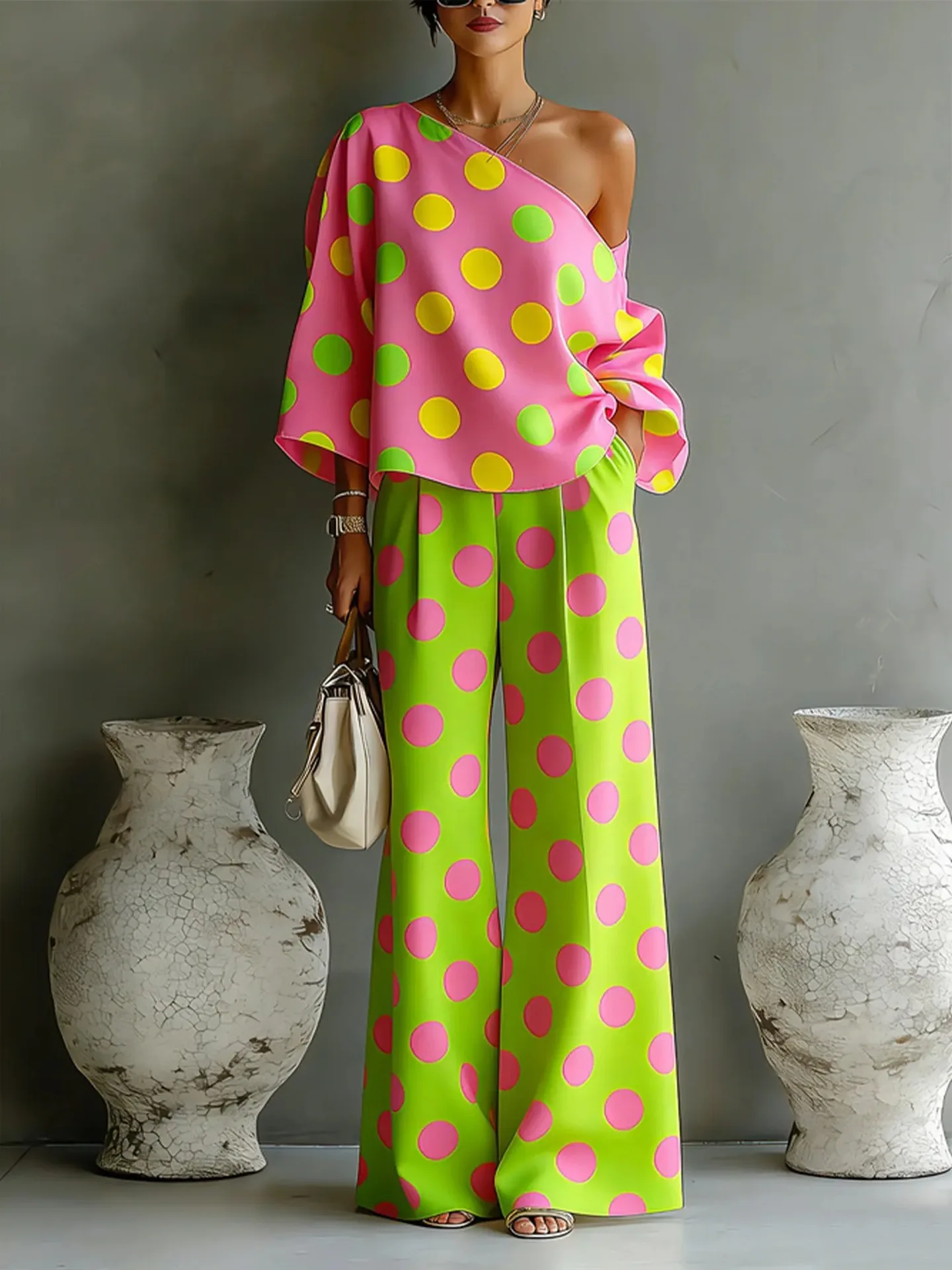 Summer New Color Wave Point Set Women Slant Shoulder Open Back Top+High Waist Wide Leg Pants Vacation Style Loose 2 Piece Suit 1