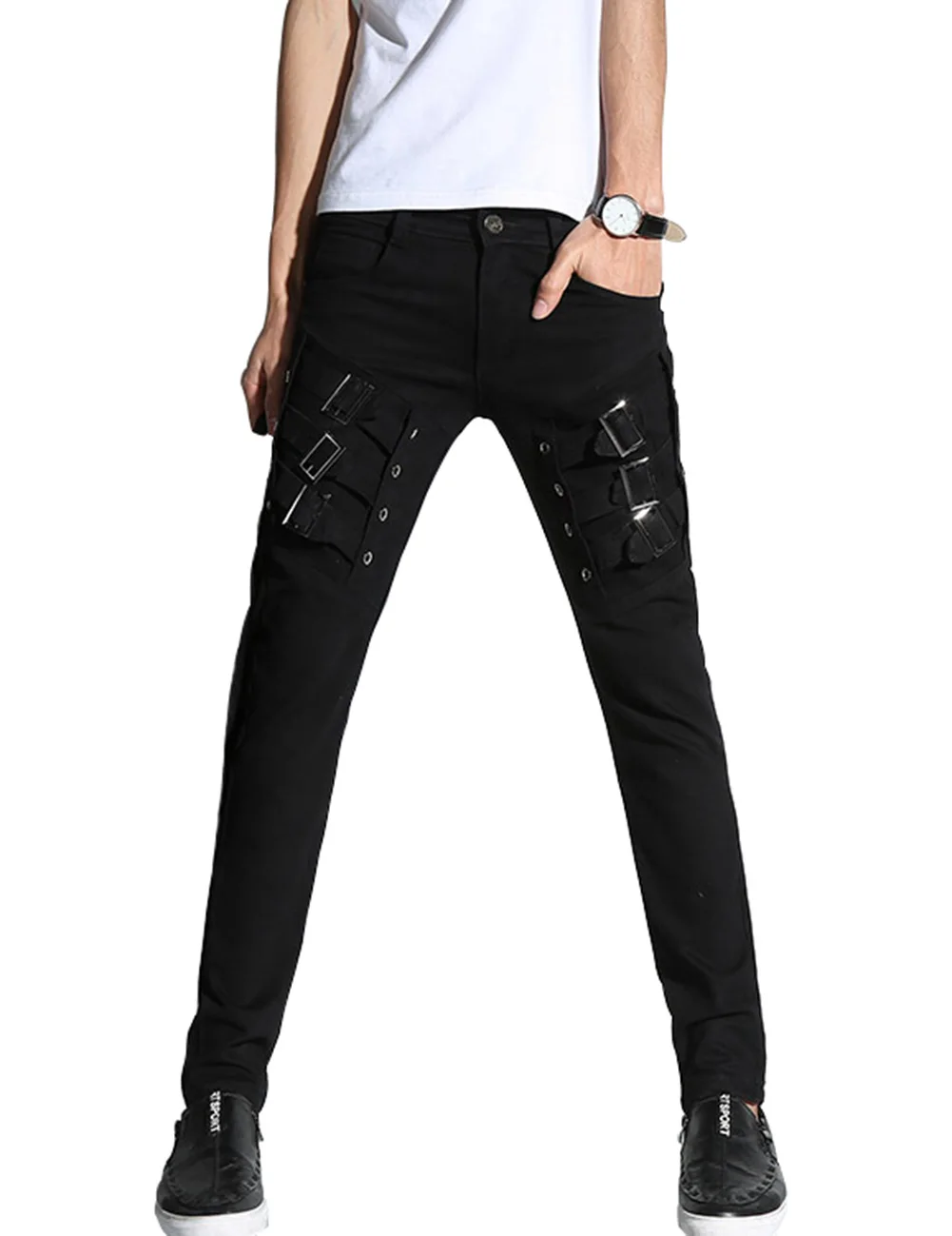 

Idopy Men`s Punk Gothic Night Club Party Buckles Motorcycle Pants Jeans Biker Trousers For Hipster Stage Performance