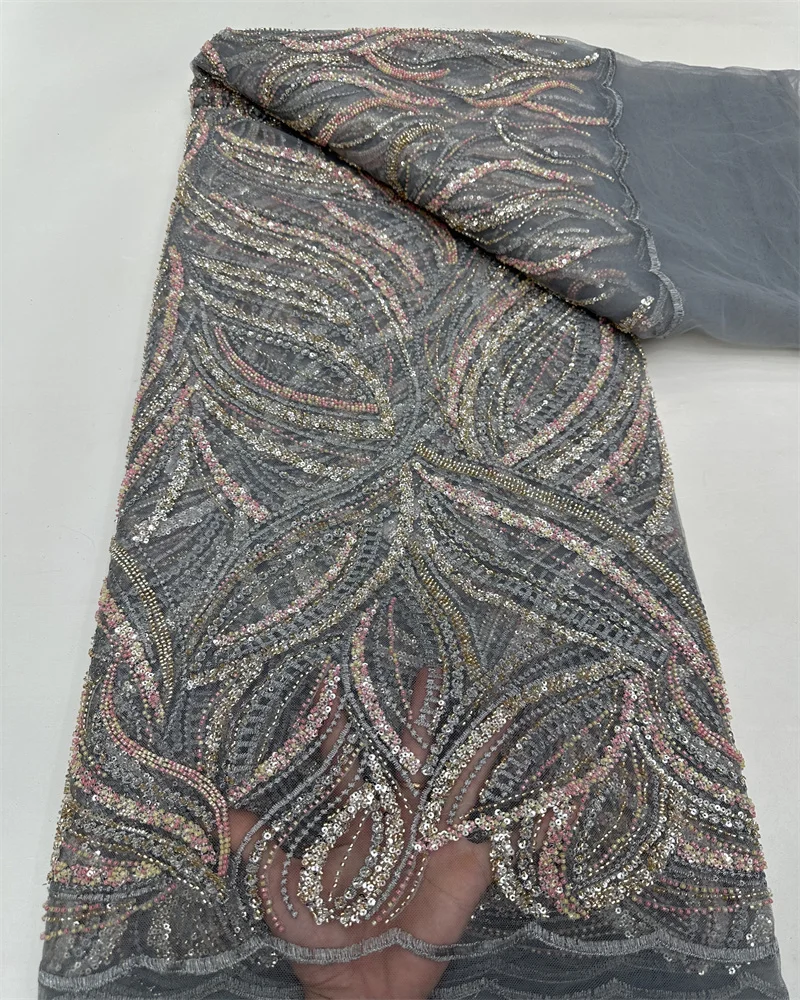 

Африканские тяжелые бусины, кружевная ткань 2024, высококачественное кружево, нигерийские блестки, французский тюль, бисер, кружевная ткань, материал для свадебной вечеринки