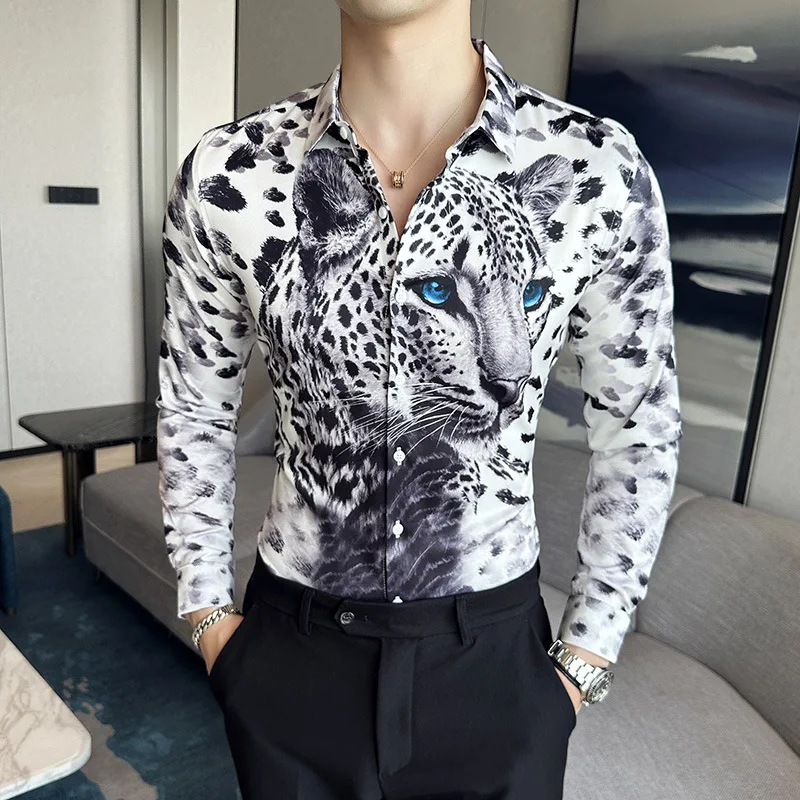 2024 Summer 3D Leopard Print Shirts Men Long Sleeve Slim Fit Casual Shirts  Social Party nightclub Tuxedo Blouse men clothing