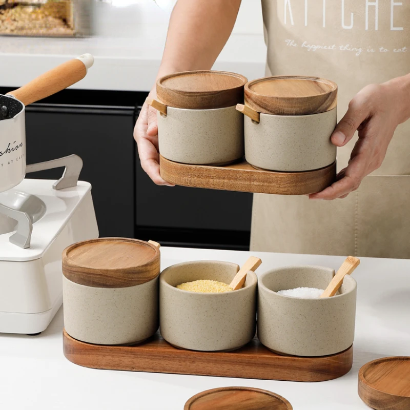 Ceramic Seasoning Jar Set Household Kitchen Sugar and Salt Jar with Lid Large-capacity Food Storage Box Kitchen Container