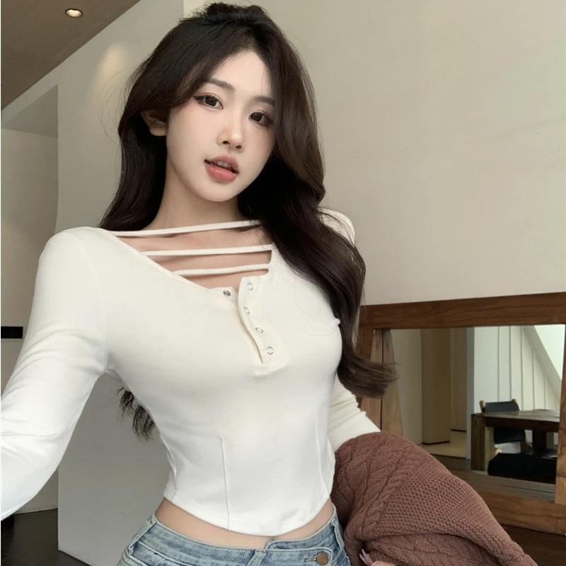

Hollow Out T-Shirts Women Long-sleeved Solid Color Slim Office Lady Fashion Basics Daily Irregular Short Bottom Tops Female