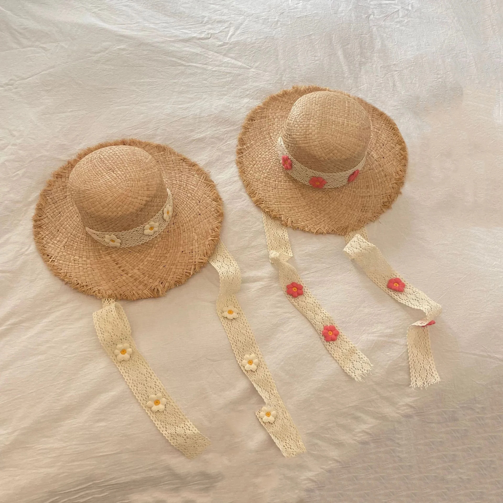 2023 Girls Spring and Summer New Sun Hat Children UV Protection Flower Lace with Large Eaves Straw Hat 2023 new korean children s summer wheat straw outdoor sun protection straw hat essential for travel