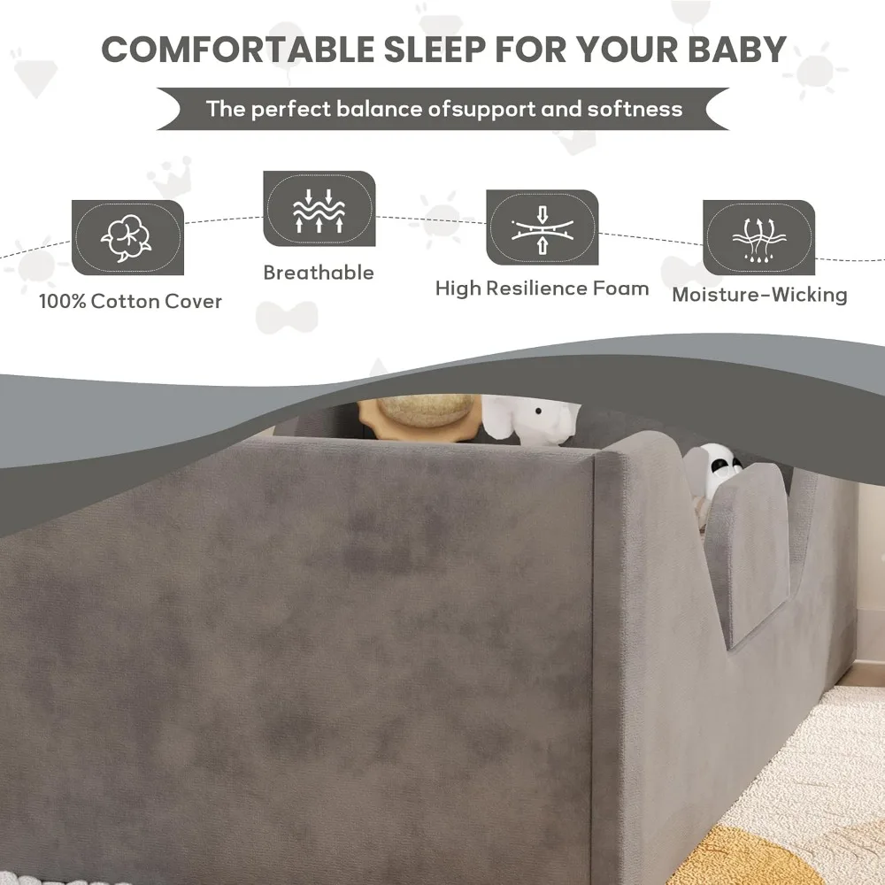 Toddler Bed, Toddler Floor Bed Frame with Guard Rails, Small Bed for Kids Boys and Girls, Standard Crib Mattress Toddler Beds 6