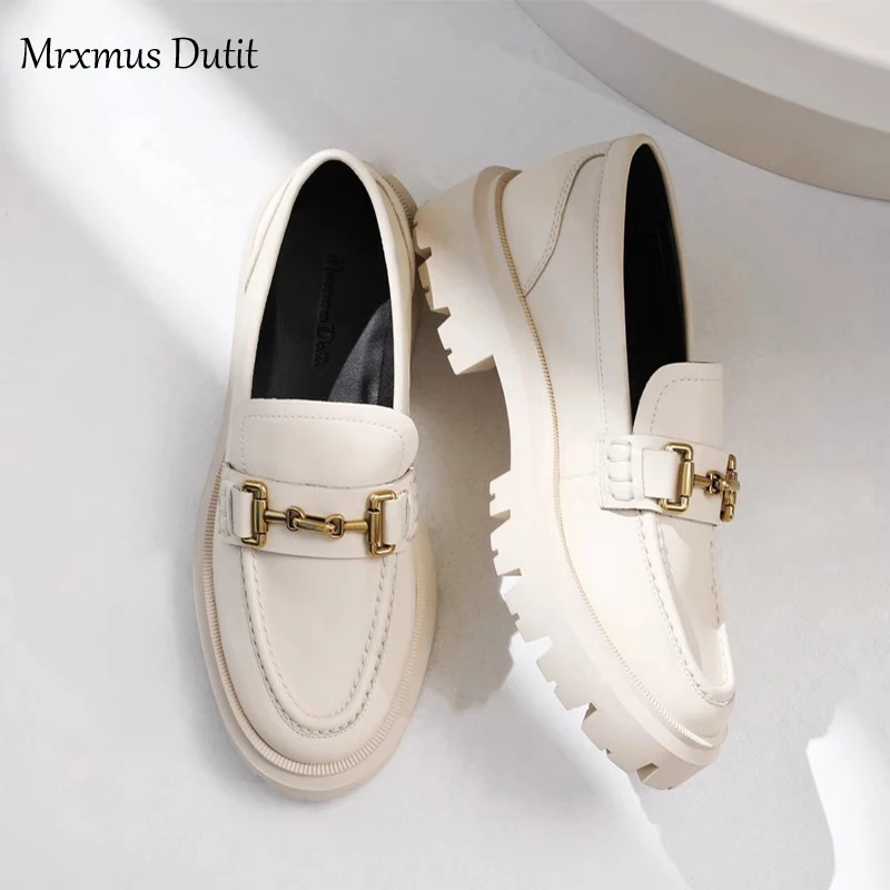 Mrxmus Dutit 여성용 천연 가죽 라운드 헤드 두꺼운 로퍼, 얕은 블랙 와일드 캐주얼, 심플한 슬립온 신발, 여성 시크, 2024 신상