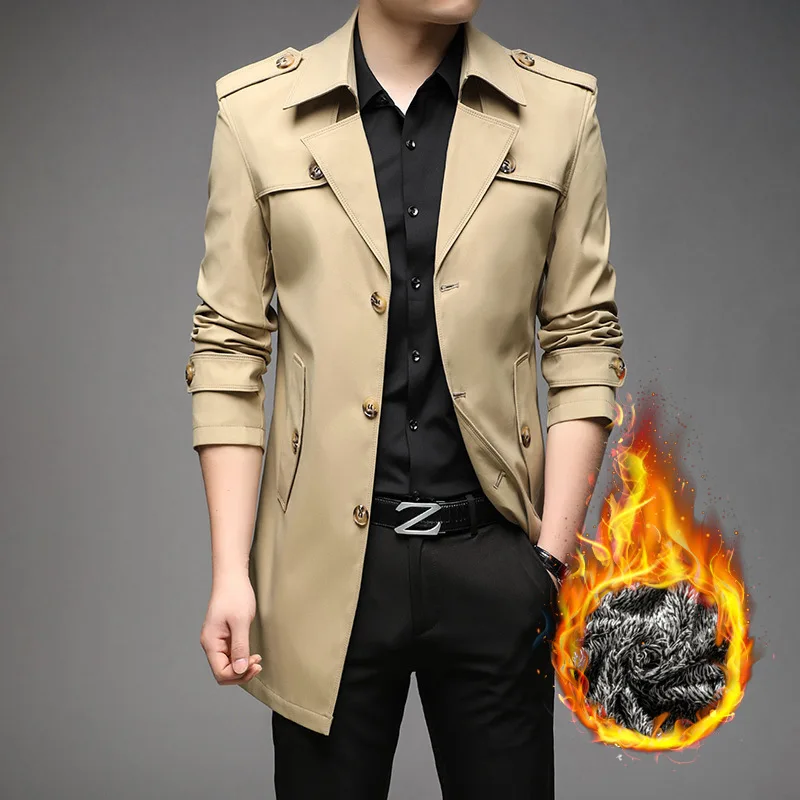 Men Autumn Winter Classic Plush Trench Windbreaker Coat Solid Business Casual Long Jacket Outerwear