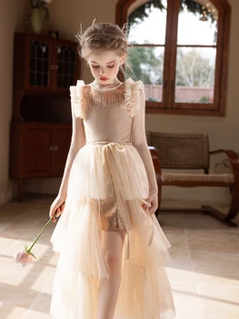 Girl party dress champagne-colored high-end dress set for birthday wedding flower girls 1