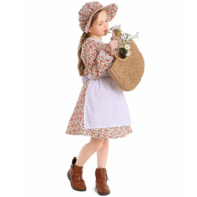 Floral Colonial Farm Village Girl Costume Pioneer Prairie Dress Bonnet Kids Girls Halloween Party Performance Costumes