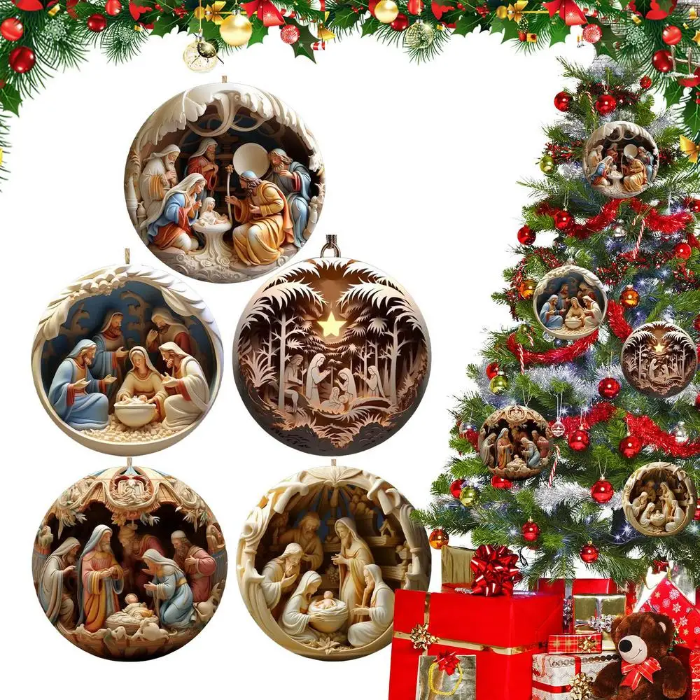 Description Picture 2 of item1/5pcs 2D Jesus Nativity Scene Ornament Christmas Christian Tree Ornaments The Birth Of Jesus Decorations Religious Decor Gifts