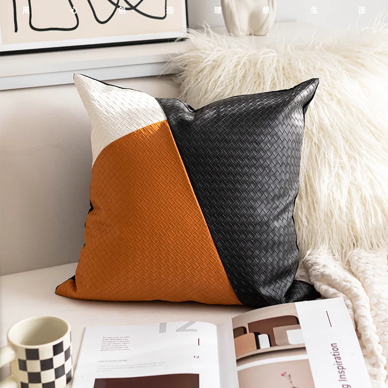 

Croker Horse 18x18 Inches Throw Pillow Cushion Cover - Pu Leather Woven Splicing Style Couch Pillow Without Core For Sofa