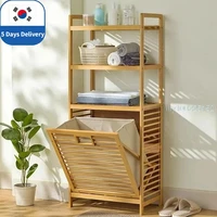 Bamboo Laundry Basket Wooden Storage Hamper With Tilt Out Basket 3/4 Tier Bathroom Rack Multi-function Laundry Hamper with Shelf 1